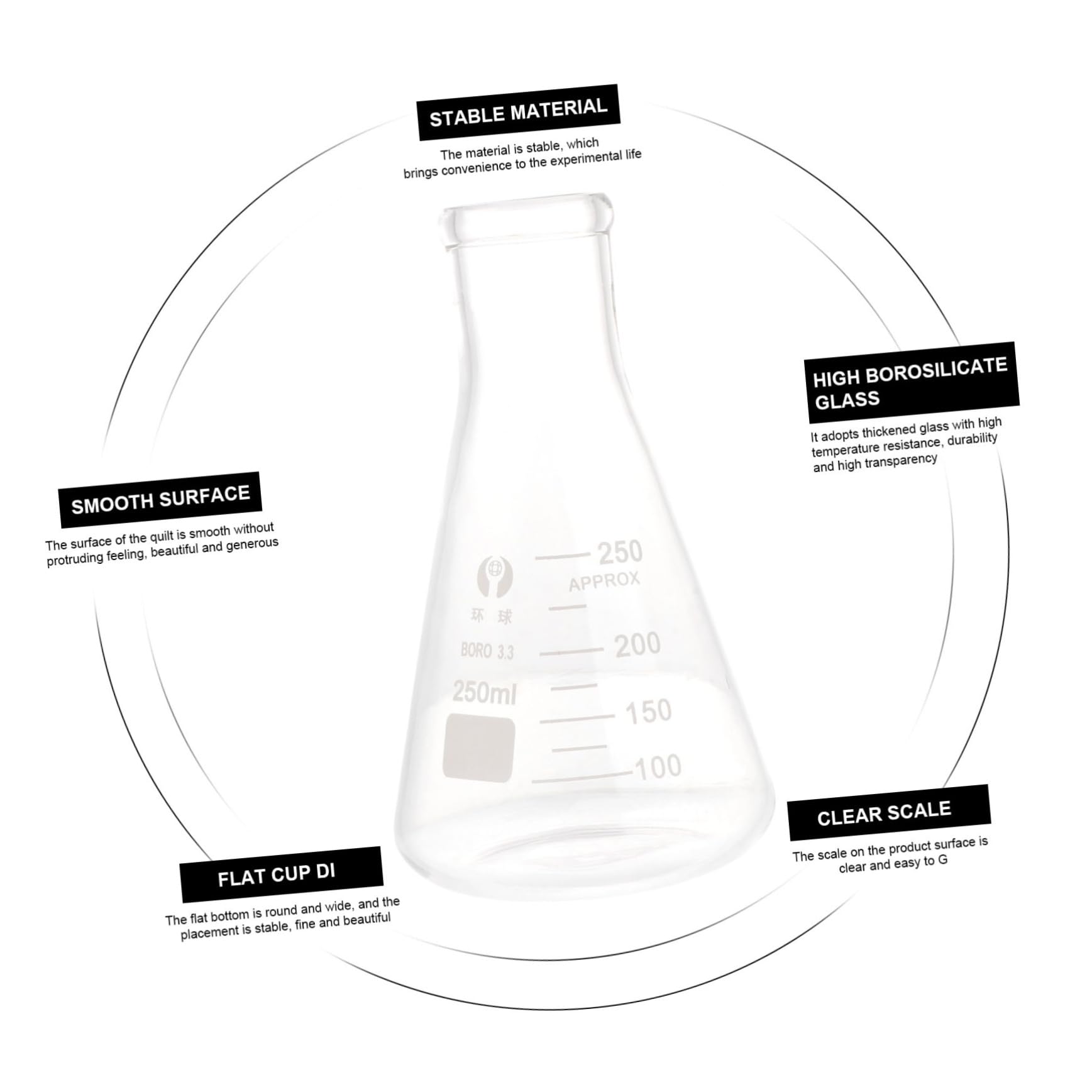 Beuta Conica in Vetro Borosilicato 4 Pezzi per Laboratorio | Forma Triangolare a Collo Largo, senza Bave e Misurazione Accurata, per Scuola e Lezioni di Chimica