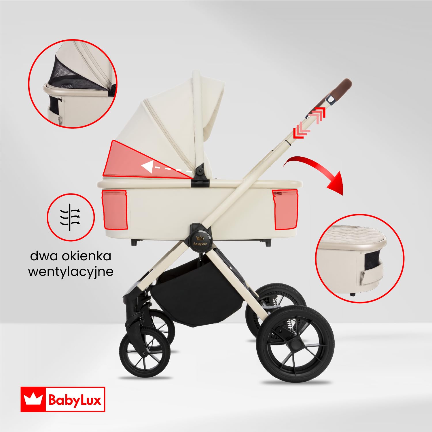 BabyLux Wielofunkcyjny Wózek Dziecięcy 3w1 BOLDO Lekki i Kompaktowy | Gondola, Spacerówka, Fotelik Samochodowy, Składana Aluminiowa Konstrukcja Stelaża, Regulowane oparcie, Akcesoria