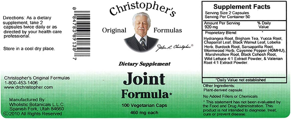 Christopher's Original Formulas Joint Formula – 100 Vegetarian Capsules – Synergistic Herbal Blend for Joint Support – Made in The USA - Pack of 2