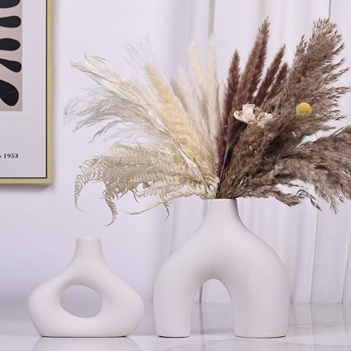 Miniatura 8 de Juego de 2 jarrones de cerámica con forma de rosquilla, minimalista de cerámica blanca nórdica, centro de mesa, boda, sala de estar, estantería,