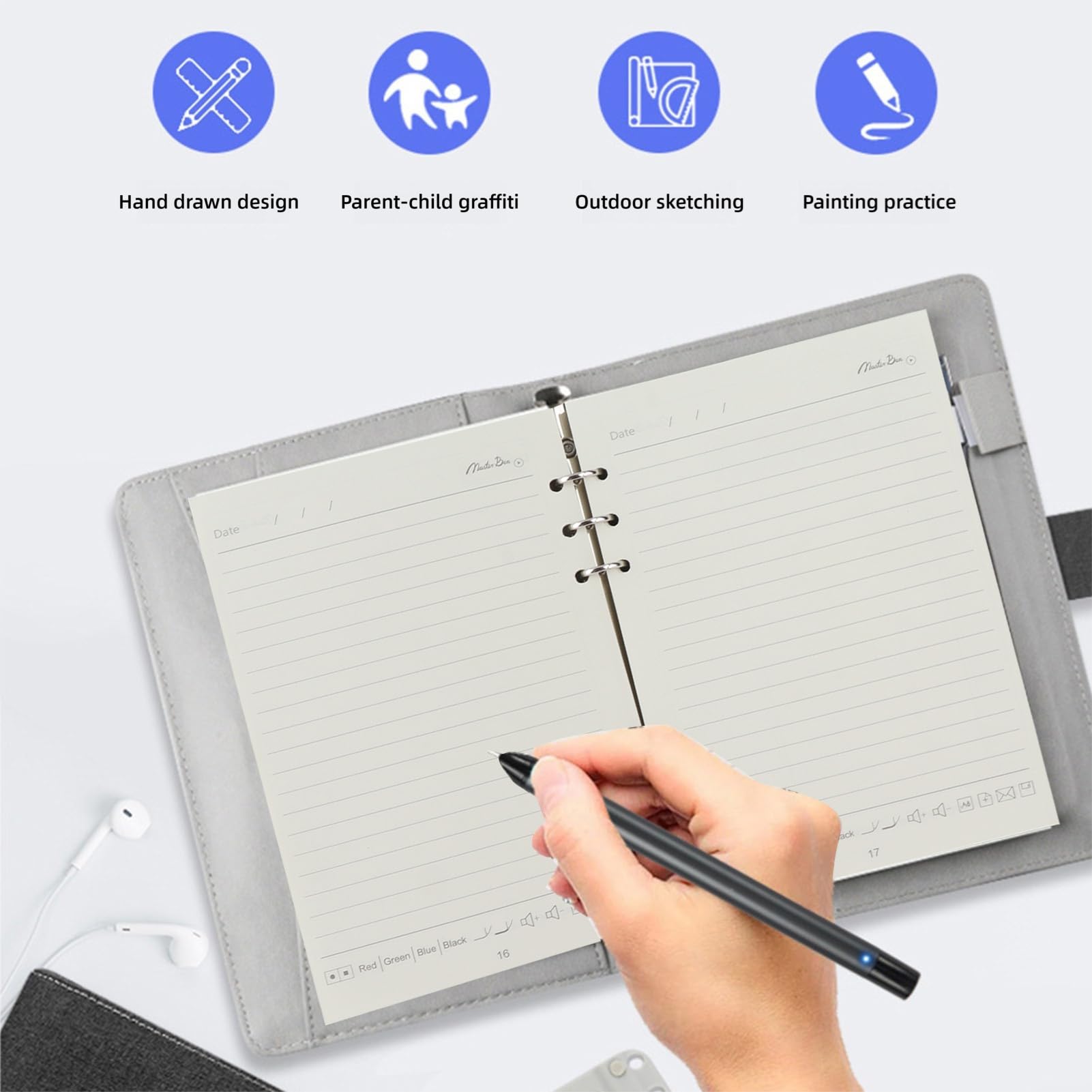 Goshyda Zestaw do Pisania na Notes Smartpen Bluetooth 5.0 z funkcją Odtwarzania i Udostępniania do Pracy i Nauki, Kolor Czarny (Wzór lnu w kolorze niebieskim)