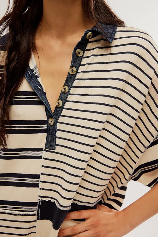 Image of NUFIWI Y2K Striped Shirt Mini Dress for Women Oversized Stripe Tunic Tshirt Dresses Short Sleeve Buttons Loose Fit Tee Dress