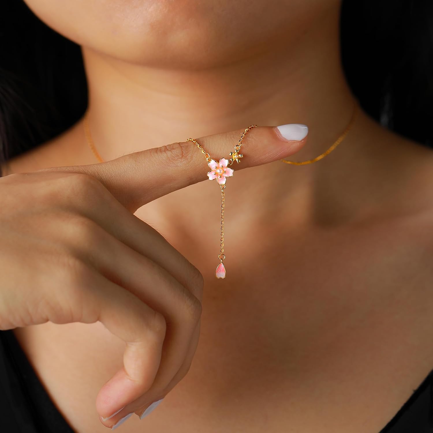 925 Sterling Silver Cherry Blossom Necklace for Women Mom Pink Jewelry 14K Gold Plated Cute Birth Month Enamel Flower Pendant Necklace Floral Artificial Stone Pearl Chain Valentines Day Jewelry Gifts - Image 6