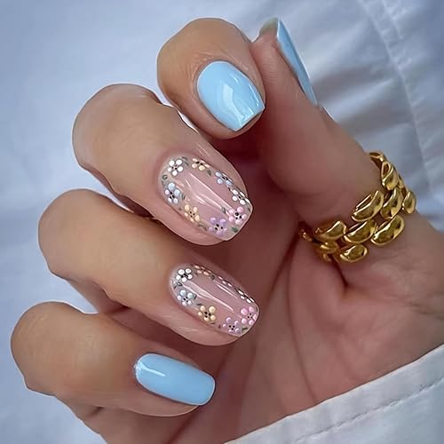 24 piezas de uñas cortas a presión, uñas postizas cuadradas azules, uñas adhesivas brillantes de cobertura completa, uñas postizas nude con diseños