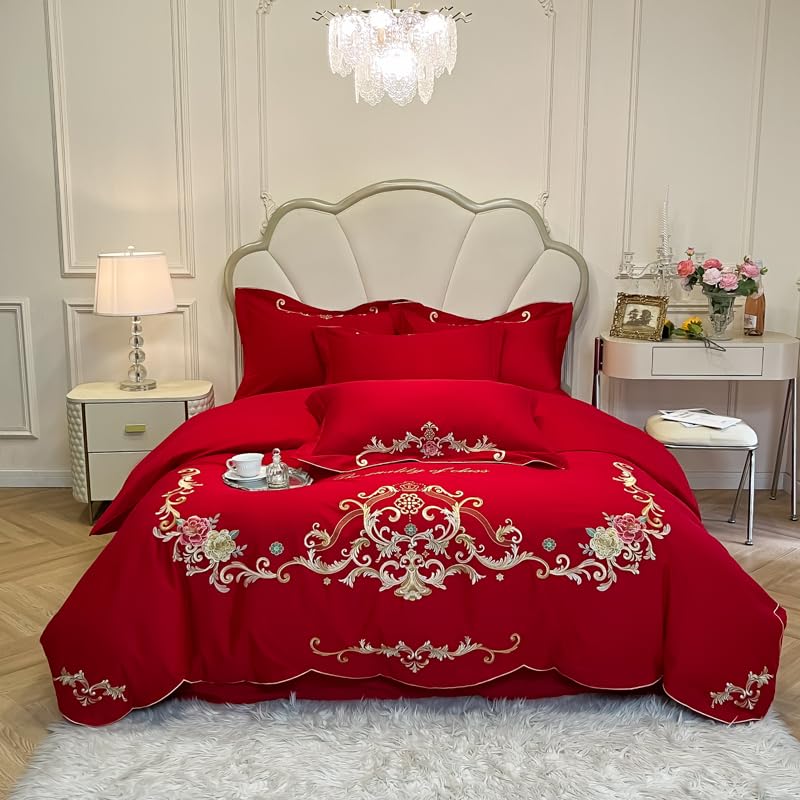 Image of JJ's Imported Skin Friendly Pure Washed Cotton Heavy & Beautifully Embroidered Wedding Style 5 Pcs King Size Double Bed Luxury Bridal Bedding Set with Heavy Comforter /Quilt (RED 2)