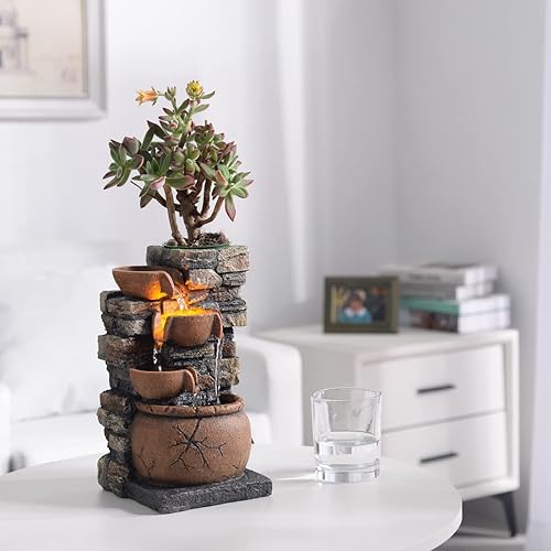Miniatura 5 de Fuente interior de 4 tazones Rockery con sonido calmante para decoración del hogar y la oficina con una pequeña maceta de plástico para cultivar la