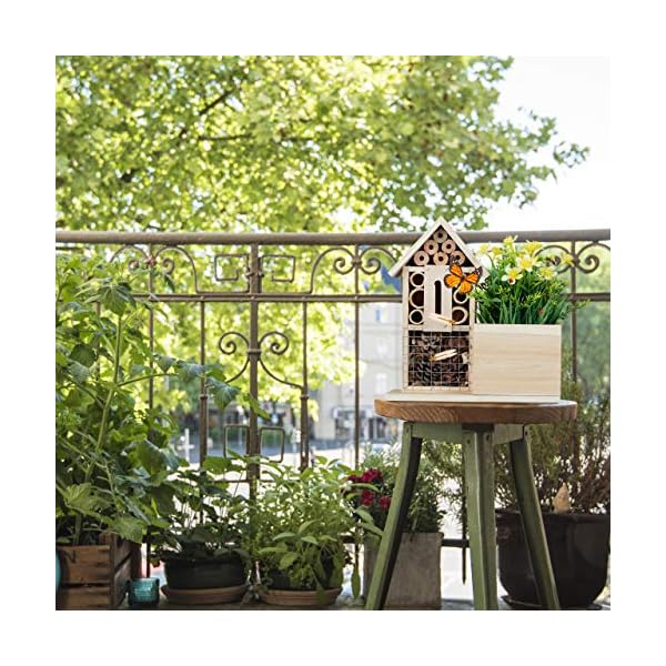 Relaxdays Blumentopf Bienenhotel, 2 in 1 Nisthilfe mit Übertopf, Pflanztopf Kräuter Blumen, Holz, HBT 26x24x12 cm, Natur – Bild 3