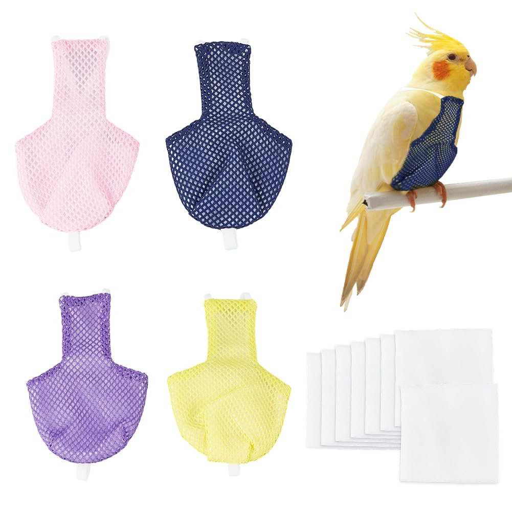 SUPERFINDINGS 4Pcs 4 Colors Bird Flight Suits Diapers Reusable Parrot Nappy Clothes Costume Grid Washable Bird Flight Suitable Clothes with Diapers for Parakeet Cockatiel Macaw Budgie Conure