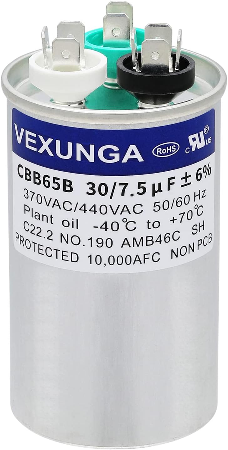 30/7.5 uF 30+7.5 MFD 370V or 440V Dual Run Start Round A/C Capacitor CBB65