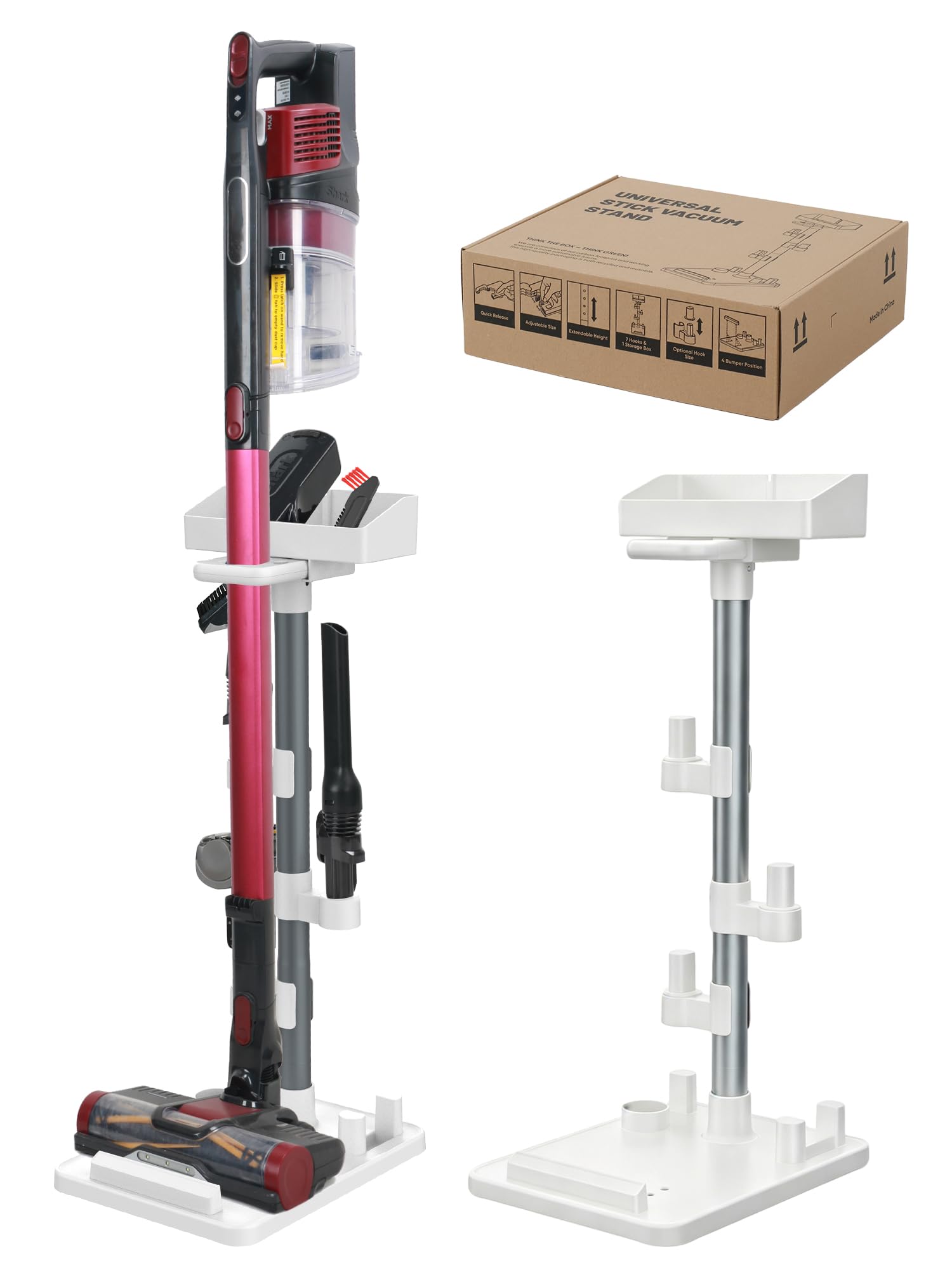 Cordless Vacuum Stand, Adjustable Height, 7 Accessory Holders, Storage Box, Vac Standing Dock Compatible with Stick Vacuum Cleaners (Max. 1 4/5" Vac Wand), White
