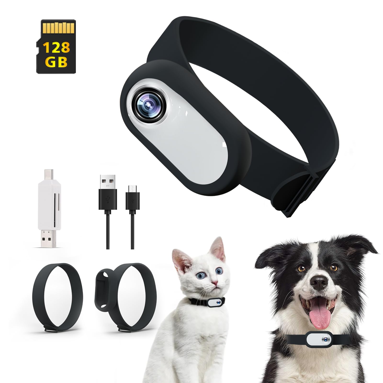 Pet Baby Cat Camera Collar with 128GB SD Card, HD 1080P Dog Collar Camera Mini Body Camera Action Camera Collar Camera for Dogs Cats Gift Indoor/Outdoor