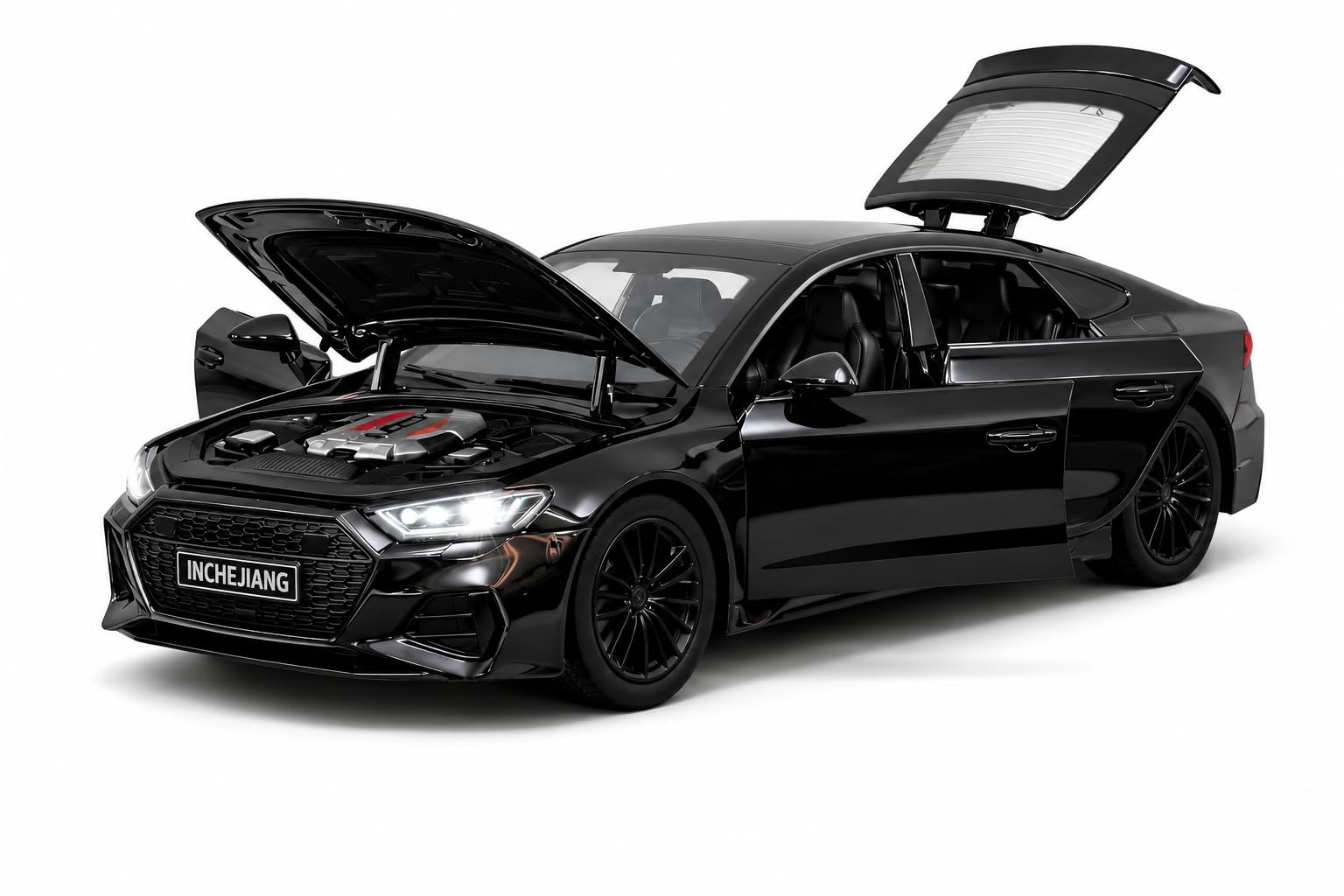 Prime Brands 1:32 Scale Diecast Model Car – 4 Doors Open, Hood & Trunk Open, Lights & Sound, Pull Back Action – Premium Metal Toy Car for Kids & Collectors (Black)-image-32