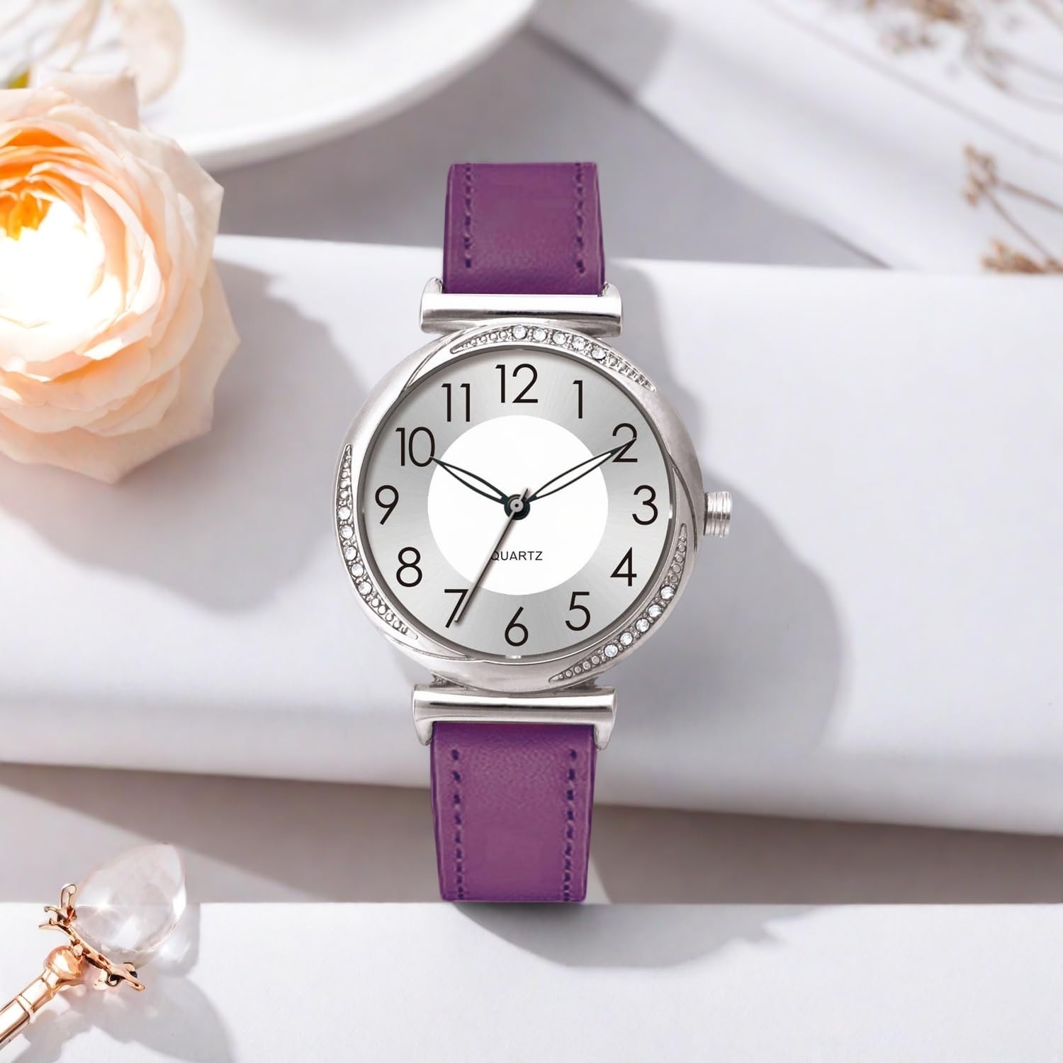 NUOVO Women's Watch Ladies Quartz Watch with Crystal Accents Purple Leather Band Silver Dial - Image 2