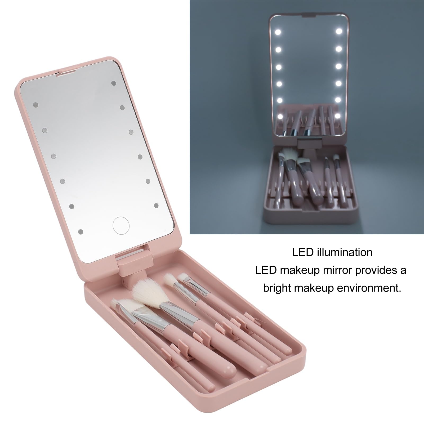 Travel Makeup Brush Set including LED Light Mirror, Multifunctional Cosmetic Brushes Kit High Clarity Compact Travel Essentials - Image 2