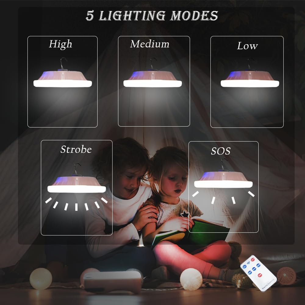 Lanterna solare a LED da campeggio, 120 LED, 6000 lm, 5 modalità, ricaricabile tramite USB, telecomando portatile, torcia da appendere, per pesca all'aperto, emergenza, cortile, giardino, confezione