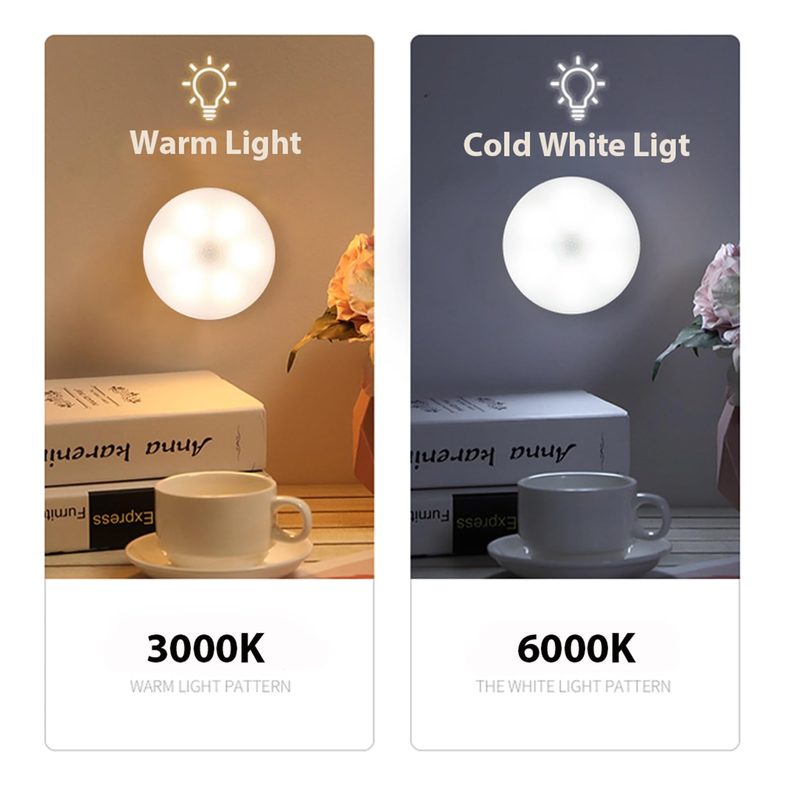 Led Okrągły Czujnik Światła Nocnego Lampki Nocne USB Ładowanie LED Szafka Kinkiet Do Szafy Oświetlenia Szafki W Korytarzu Domu Czujnik Ruchu(Warm white,3 Pcs)