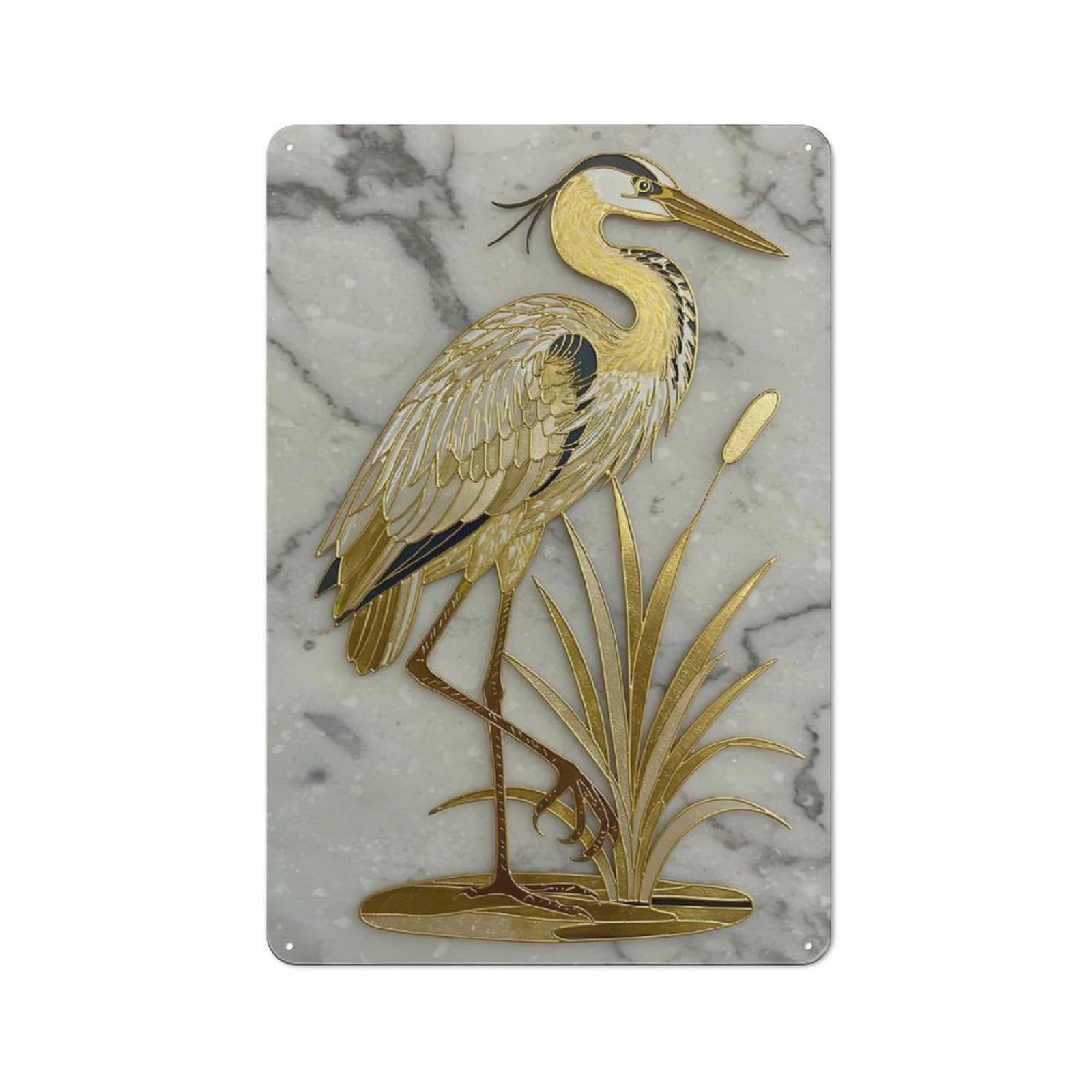 Metal Sign 30x20cm with Elegant Golden Heron with Cattails Artwork for Hallway Wall, Vintage Decor, for Vintage Wall Decor Fans, for Themed Room Decoration