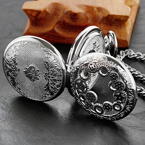 Image of Classic Silver Mechanical Pocket Watch, Roman Numerals Silver Pocket Watch with Chain Box for Men