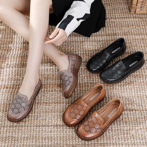 Image of Keilinia Women's Leather Loafers Slip-on Casual Shoes,Comfort Hollow Breathe Hand-Stitching Non-Slip Ox Softsole Walking Flats (5,Black Hollow)