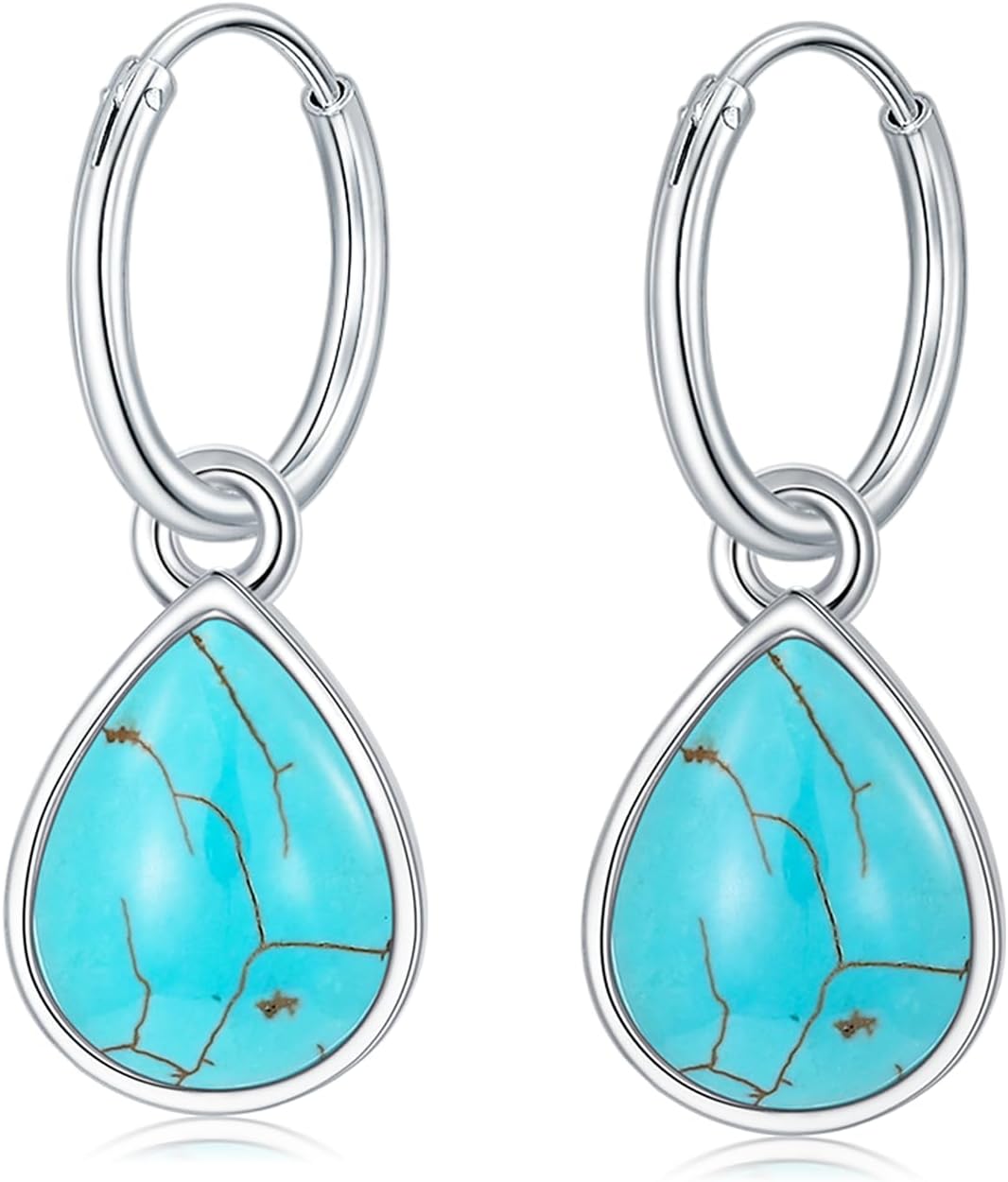 Genuine Teardrop Turquoise Dangle Earrings for Women, Sterling Silver Native American Western Hinged Hoop Earrings Birthday Gift