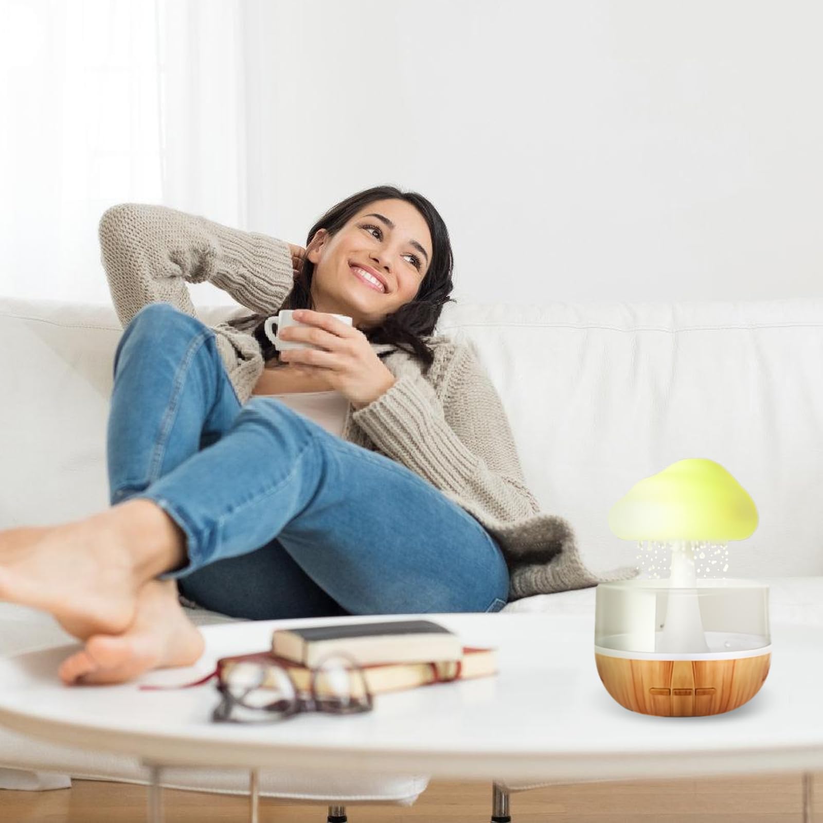 Nuages de pluie Humidificateur avec veilleuse : fontaine à eau nuageuse 3 en 1, diffuseur d'huiles essentielles, 7 couleurs veilleuse, bureau, table