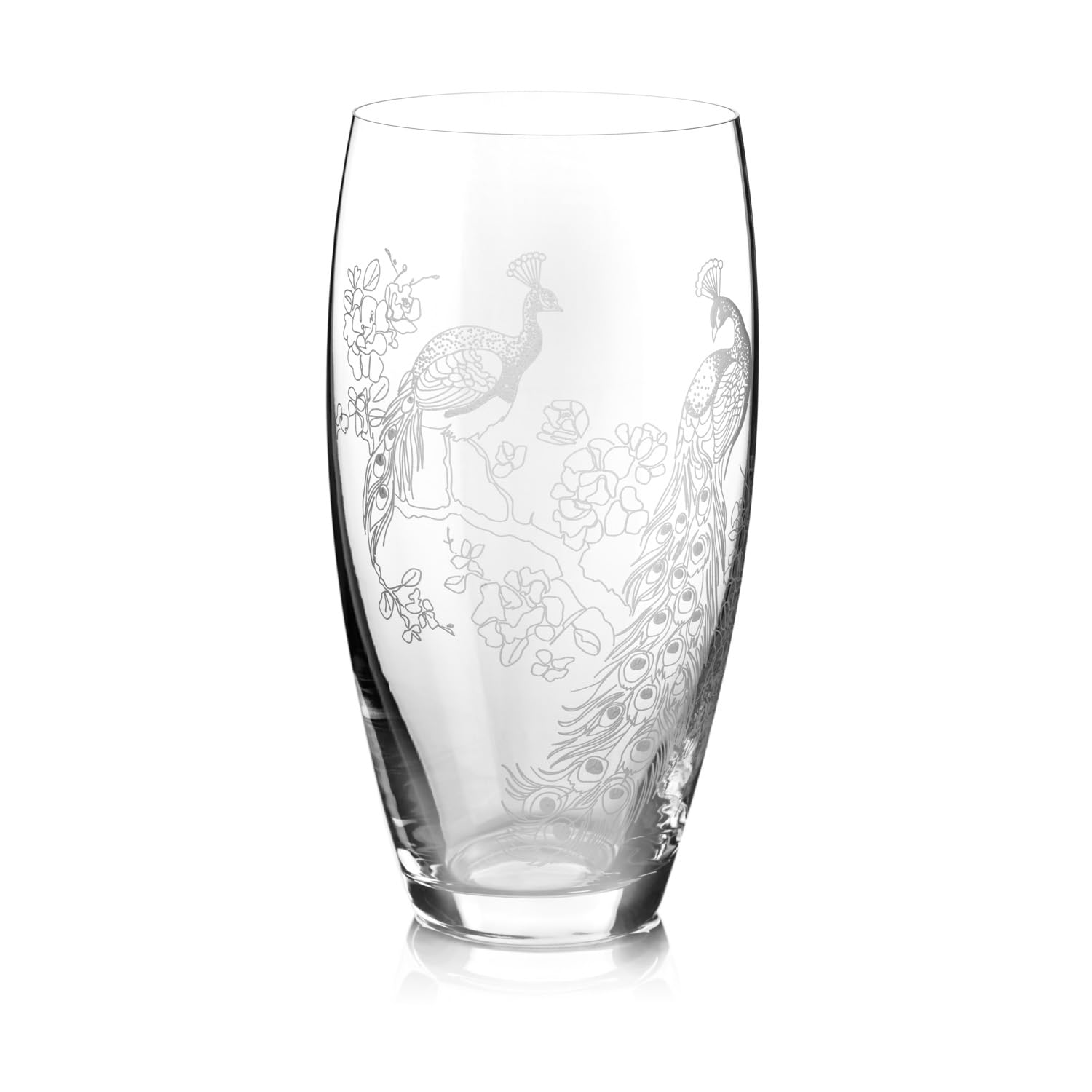 DIAMANTE Large Crystal Barrel Vase "Peacock" - Intricate Peacocks Design Flower Vase - 26cm