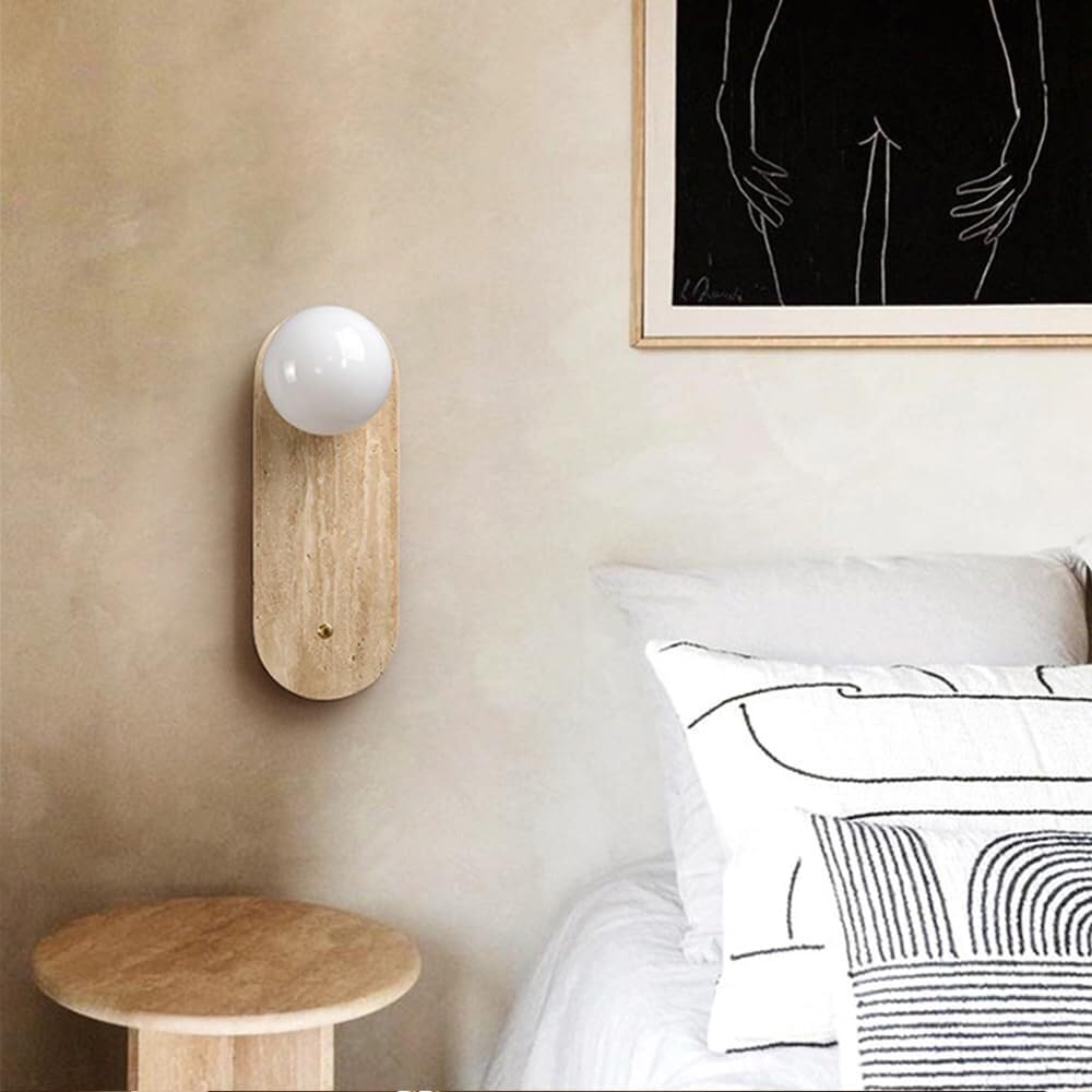 Applique da parete con globo di vetro e pietra travertino, stile nordico, ideale per camera da letto o soggiorno, attacco G9.
