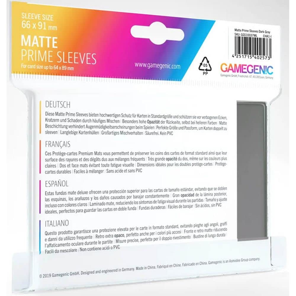 Gamegenic GGS11037ML Matte Prime Sleeves (100-Pack), Dark Grey