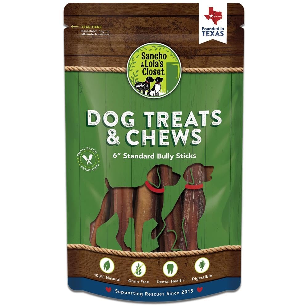 Supreme 6-inch Standard Bully Sticks by Sancho and Lola’s (10 Pack) All-Natural, Long-Lasting Dog Chew Treats - Free-Range, Grass-Fed Beef - Low Odor