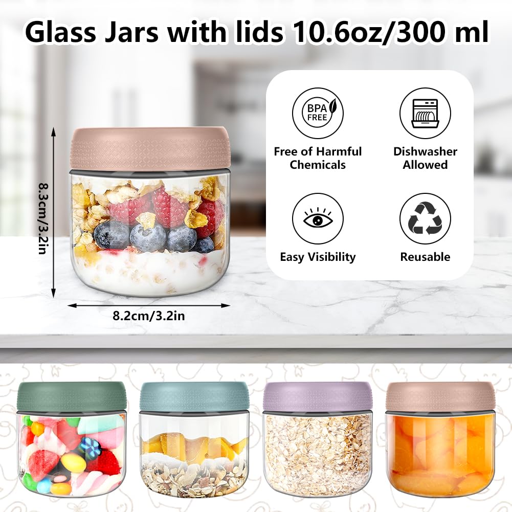 Aolso Contenitori Alimentari, 4 Pezzi Vasetti Ermetici Conservazione Pappe, Multicolore, Vetro Contenitore 300ml, Contenitori Pappa Neonati Per Lavastoviglie Freezer E Microonde