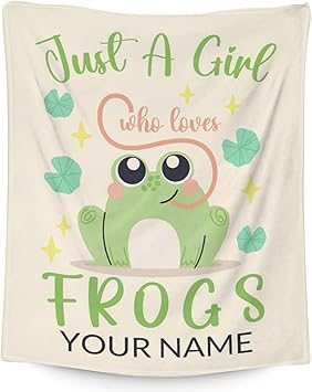 Personalized Frog Blanket Gifts with Name - 60x80 Inches Cute Throw for Girls - Green Soft Fuzzy Blankets for Bed, Couch & Living Room
