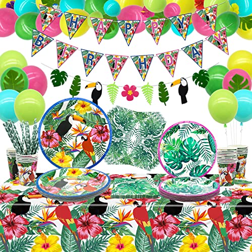 Hawaiianisches Luau-Partyzubehör - tropisches Geburtstagsbanner, Latexballon, Palmblätter, Hibiskusblüten, Pappteller, Servietten, Tassen und Tischdecke für Sommerparty-Dekorationen, für 20 Gäste Cover