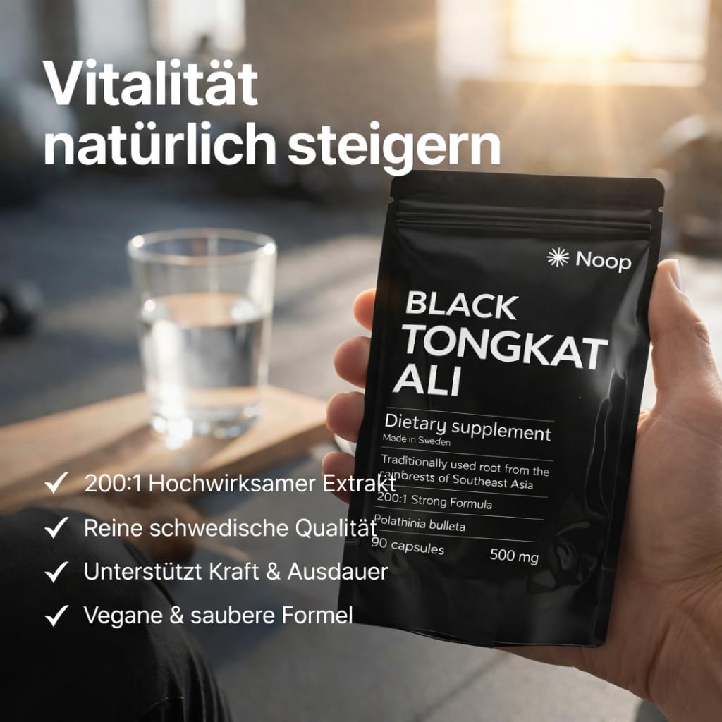 NOOP Schwarzer Tonkat 500 mg Kapseln – Premium Pflanzenextrakt aus Schweden, 200:1 Wurzelextrakt, 90 vegane Kapseln