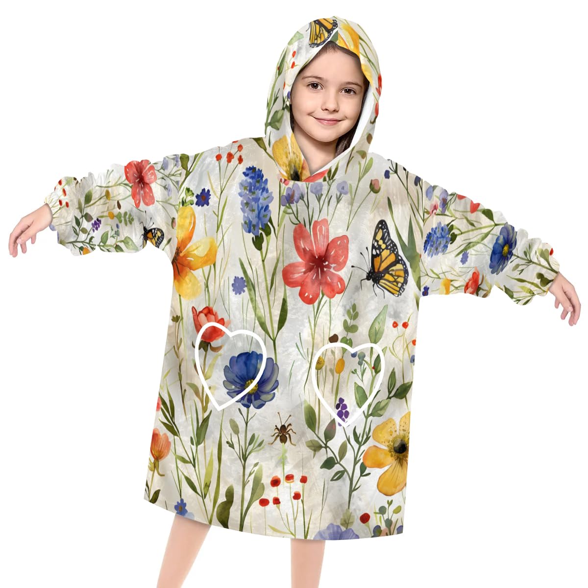 Pardick Wearable Blanket Hoodie for Kids, Bright Flower Fleece Sweatshirt Blanket Oversized Blanket Sweatshirt with Pocket Flannel Warm Hooded Blanket 6-10 Year Old Girl Boy Gift, One Size