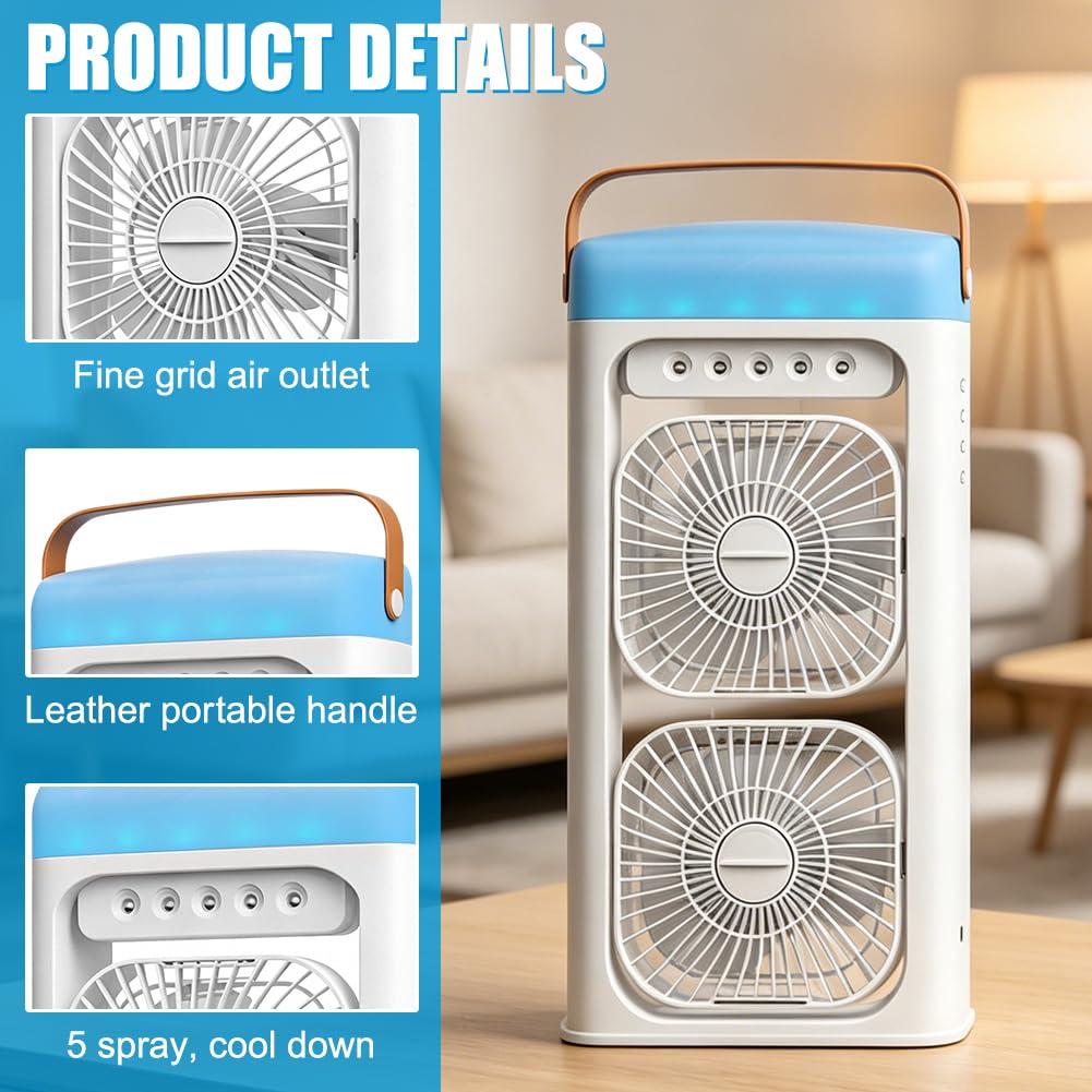 4 in 1 Tragbare Klimaanlage Fan Mit Nebelspray,Doppelventilator 3-Stufig Einstellbar Klimaanlage Mobil Mit 1-4Timer-Funktion,Farbwechselndes Nachtlicht,T-C-Aufladung Luftkühler für Zuhause,Büro