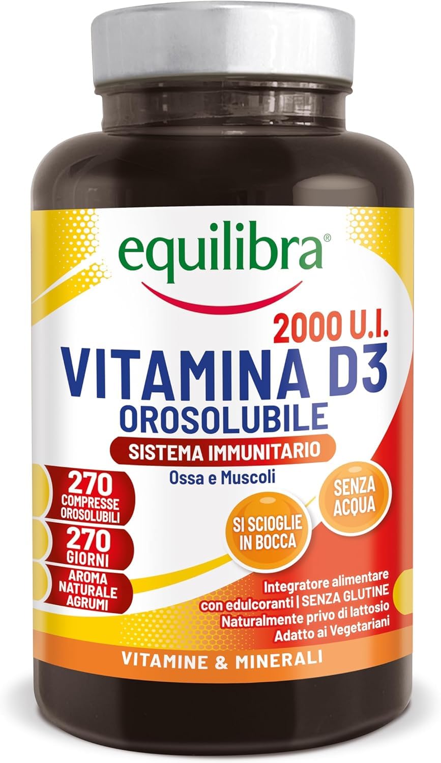 Equilibra, Vitamina D3 2000 UI, 270 Compresse, 50 mcg per Compressa, Orosolubile, per il Benessere di Ossa e Muscoli, Supporto al Sistema Immunitario, Vegetariano, Senza Glutine, Senza Lattosio