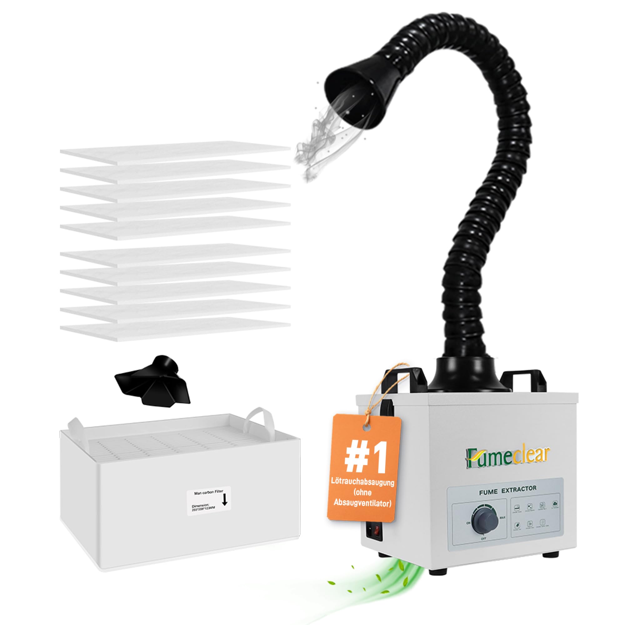 FumeClear FC-100A Lötrauchabsaugung Leistungsstarke 200 to 260m³/h Absaugung, Lötrauchabsorber, geräuscharmes, 3-stufiges Filtersystem mit 12 Filtern für Laserschweißen, Rauchabsaugung