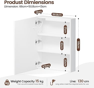 Bathroom Mirror Cabinet 500 x 660 mm with LED Lights, Touch Control, 3 Colour Dimmable Illuminated Mirror, Demister Pad & Shaver Socket