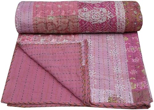 V Vedant Deisngs - Manta de algodón con diseño de khambadiya Gudari, rosa, 86.6 x 106.3 in