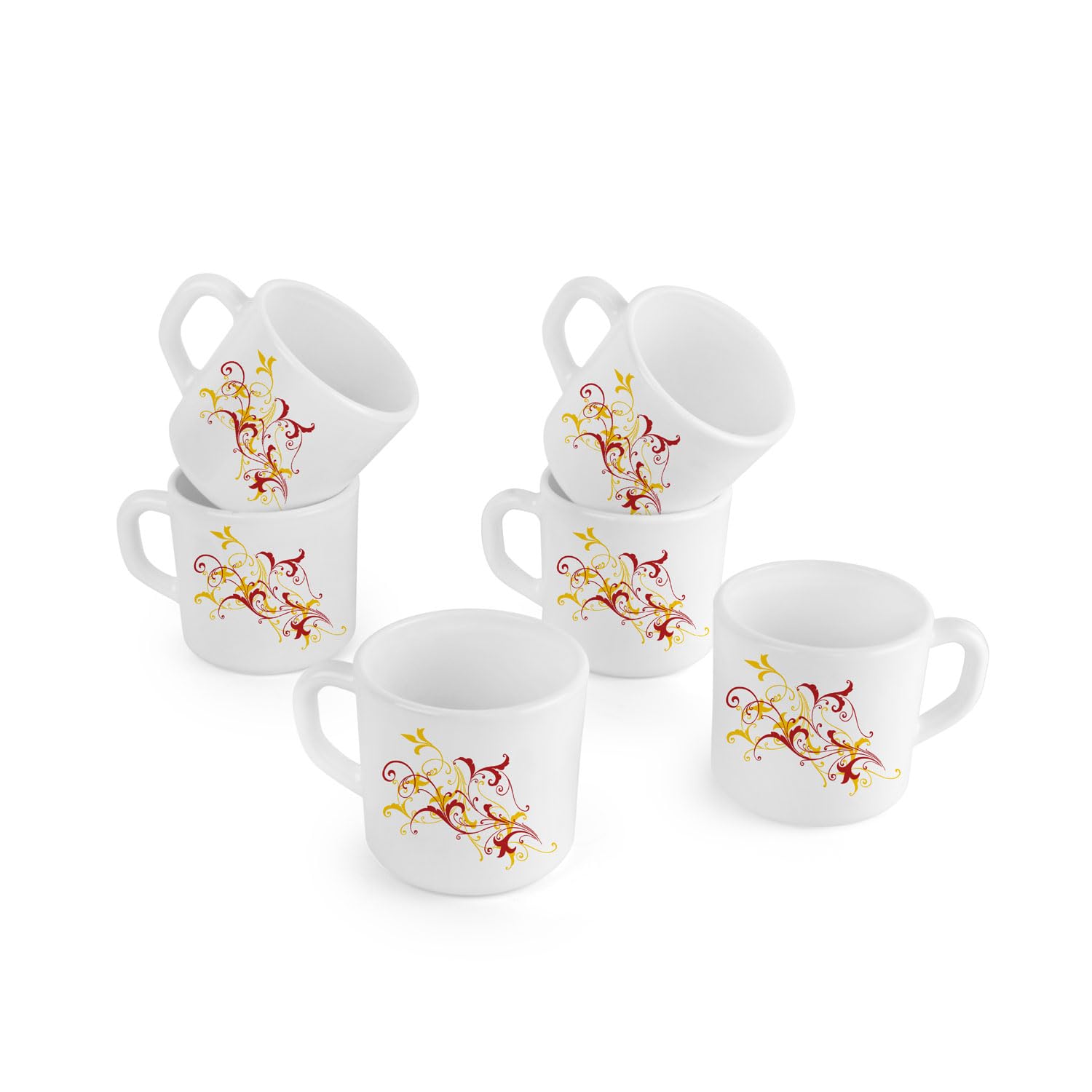 CELLO Opalware Dazzle Stella Mug Small Yellow Scroll | Cups for Tea,Coffee,Espressoc | Thermal Resistant | Light Weight | 100ml, Set of 6-image-28