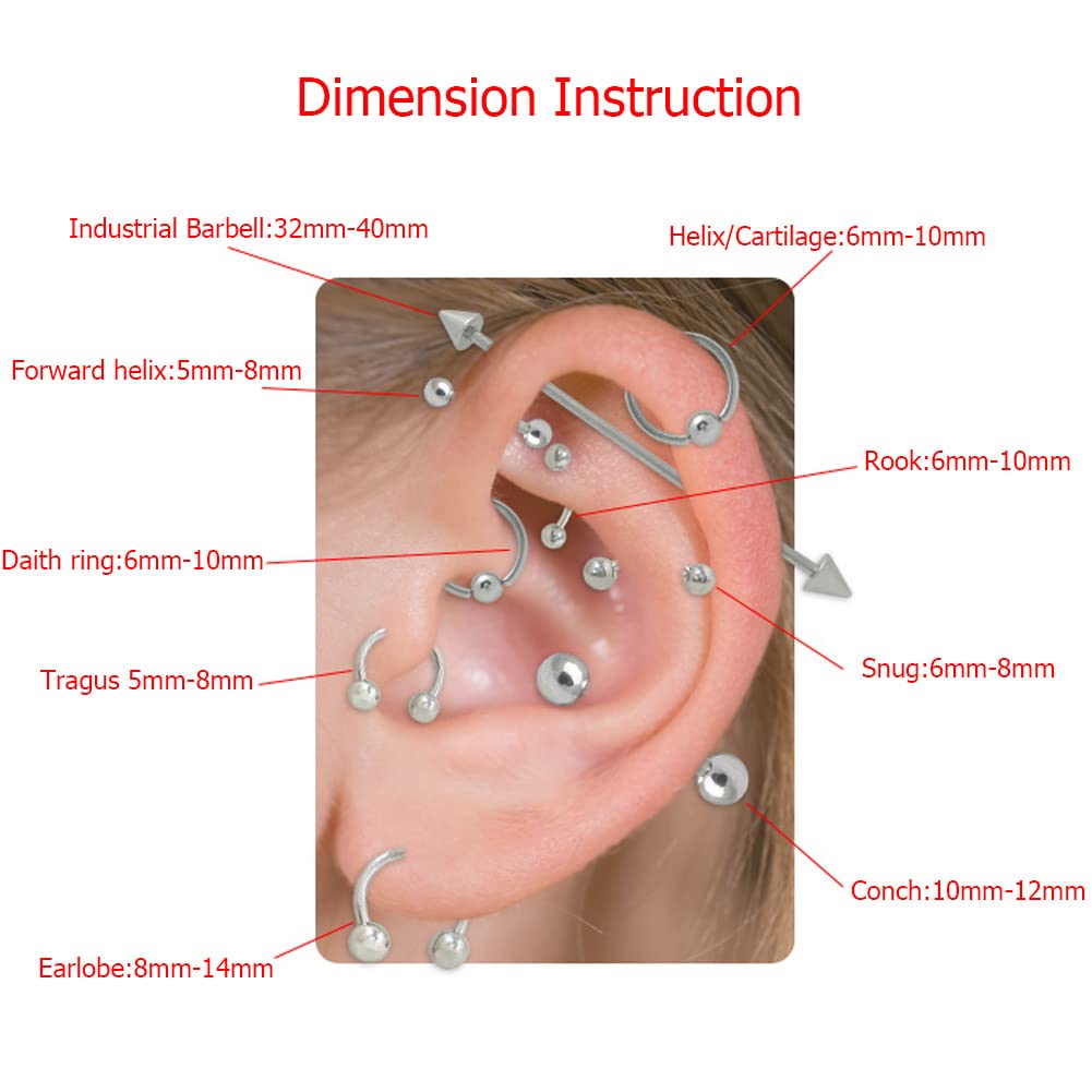 0.8mm/1.0mm/1.2mm/1.6mm Grosor 316L Acero Quirúrgico Bisagras Nariz Anillos Aro, Anillos de tabique Piercing Labio Hélice Cartílago Rook Pendientes, Diámetro 5mm a 12mm