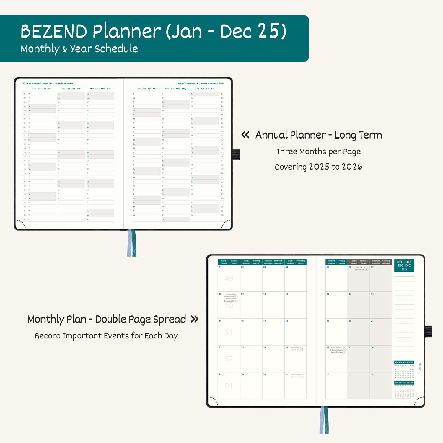 Agenda Settimanale 2025 BEZEND A5 - Planner Con Copertina Rigida, Doppia Pagina Per Settimana, Carta 100g/m² - Foto 10