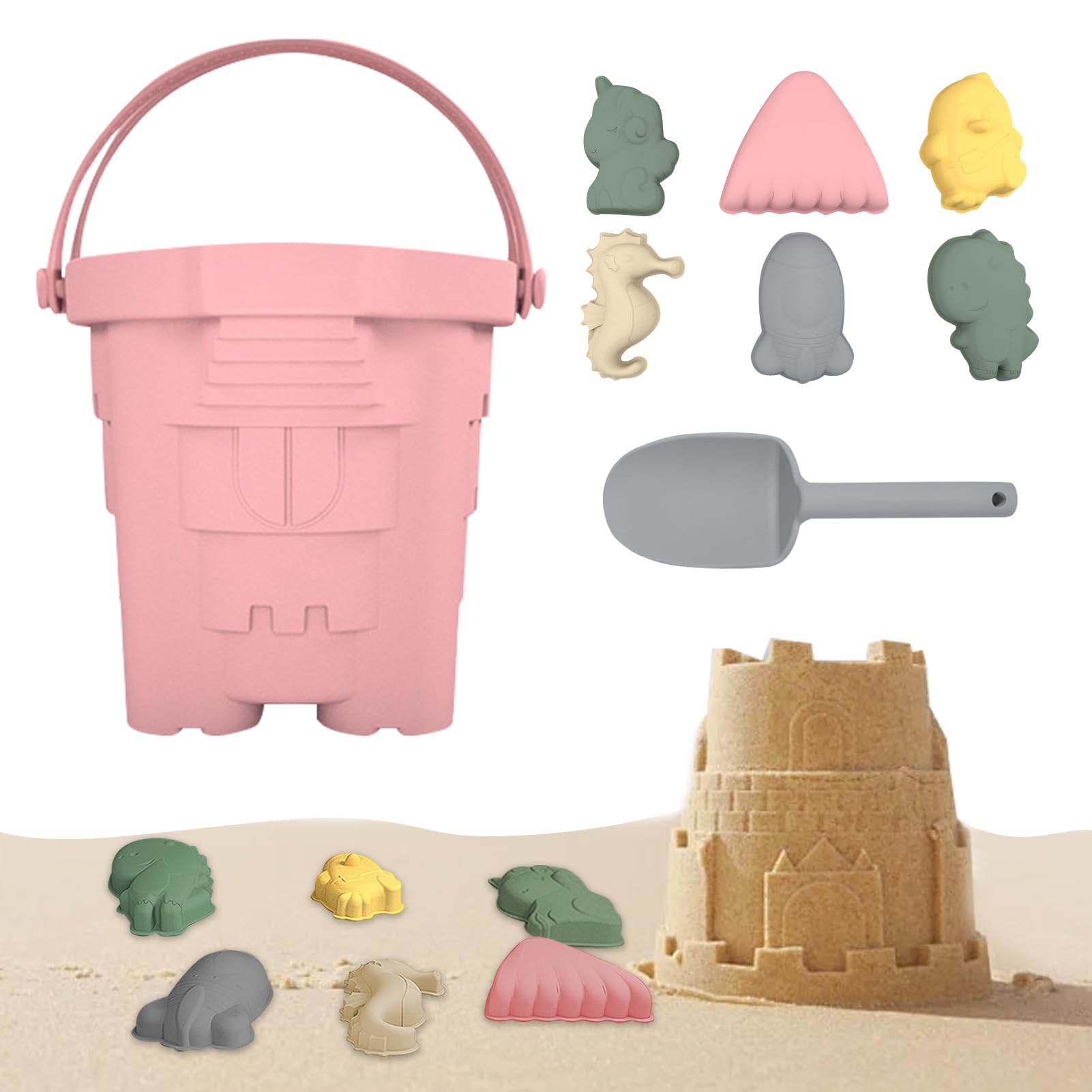 Juego de 6 juguetes de arena de silicona suave, cubo de arena, pala, dinosaurio, pingüino, caballito de mar, pony, cohete y concha, caja de arena, juguetes para niños y niñas, 3, 4, 5, 6, 7, 8 años
