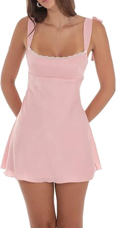 UAURORAO Women Y2k Lace Mini Dress Ruffle Strap Short Formal Grad Dress Lace Up Backless A Line College Dresses