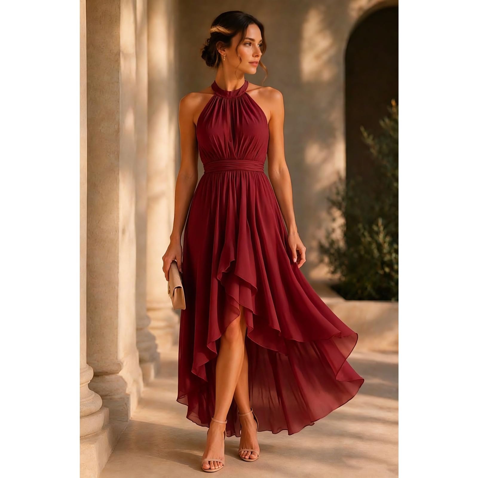 GFZMF - Vestido de gasa con cuello halter para mujer, cintura alta, dobladillo asimétrico, vestido midi para invitada de boda, fiesta de noche, cóctel, cita nocturna
