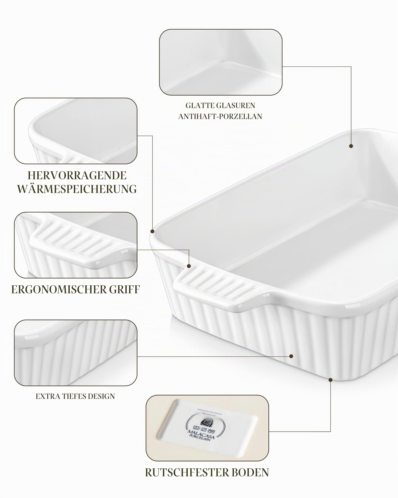 MALACASA Auflaufform Groß, 40 cm Rechteckig Ofenform mit Griffen für 4-6 Personen(4 L), Tiefe Baking Dish aus Keramik für Lasagne, Braten & Aufläufe, Ofen- & Spülmaschinenfest, Weiß, Serie Bake