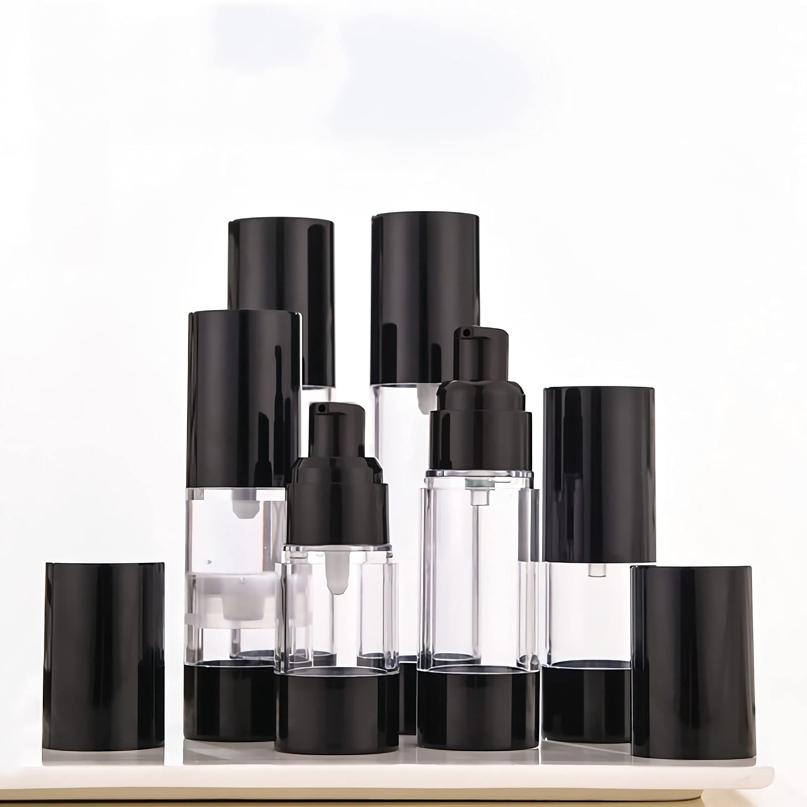 TIANZD 12 Pezzi 30 ml Plastica Bottiglie Airless Dosatori per Cosmetici, Nero Trasparente Bottiglie di Pompa Ricaricabile per Gel Dispenser, Flacone Contenitori per Liquidi Viaggio con Siringa