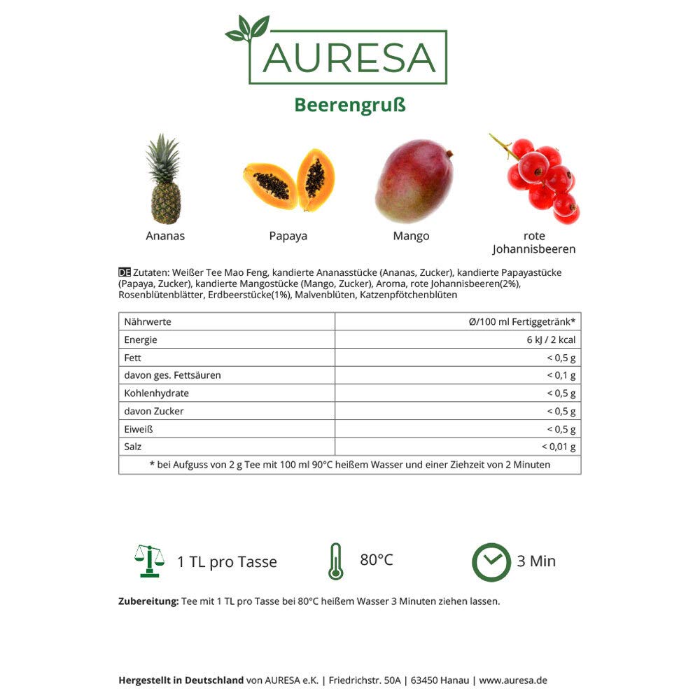 AURESA Weißer Tee Beerengruß | Rote Johannisbeeren und saftige Erdbeeren | Erfrischend lecker und fruchtig süß