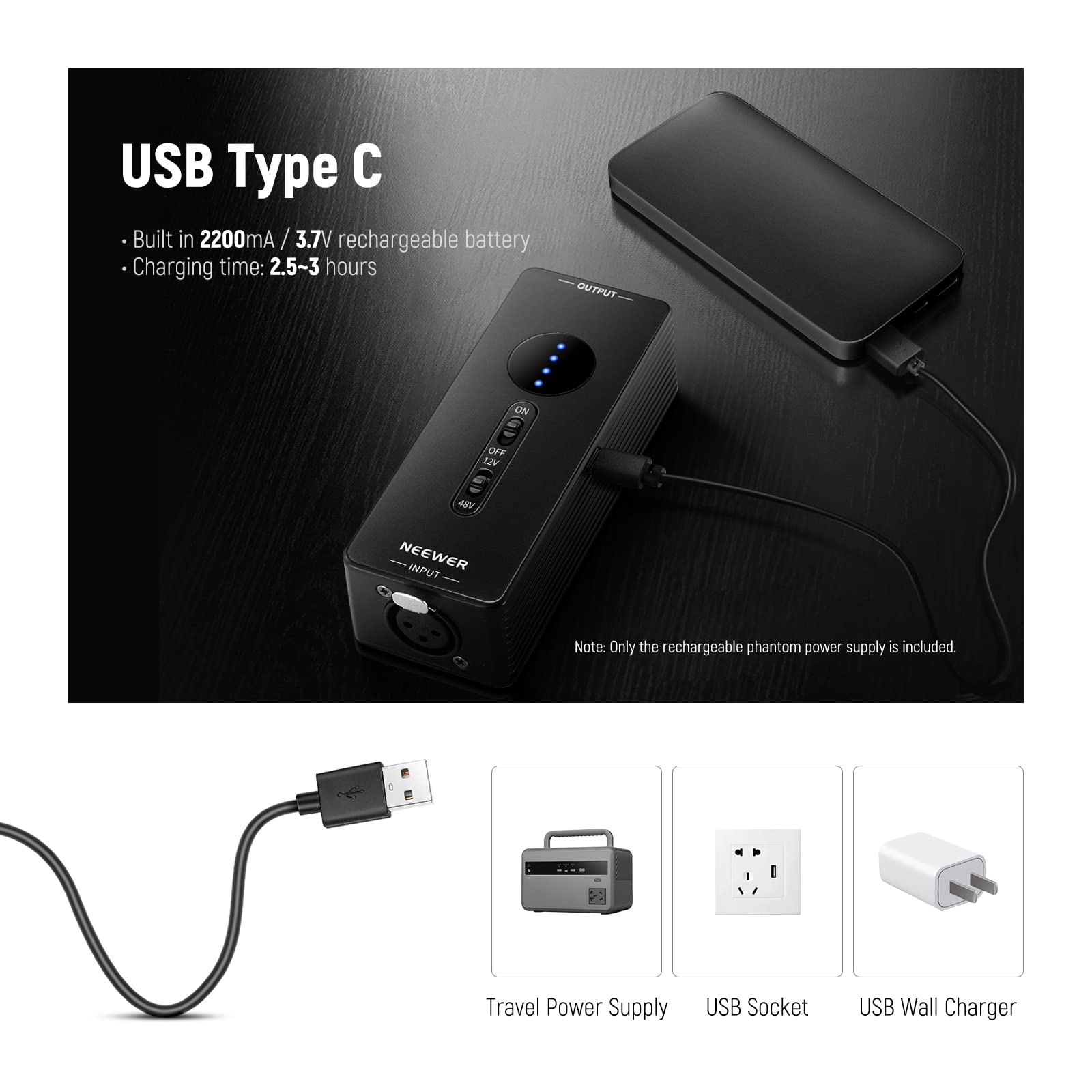 NEEWER Alimentation fantôme Sortie 48V/12V, jusqu'à 40h d'autonomie, Portable, Rechargeable avec câble USB-C pour Micro à condensateur/d'interview, Interface Audio d'extérieur, PP01