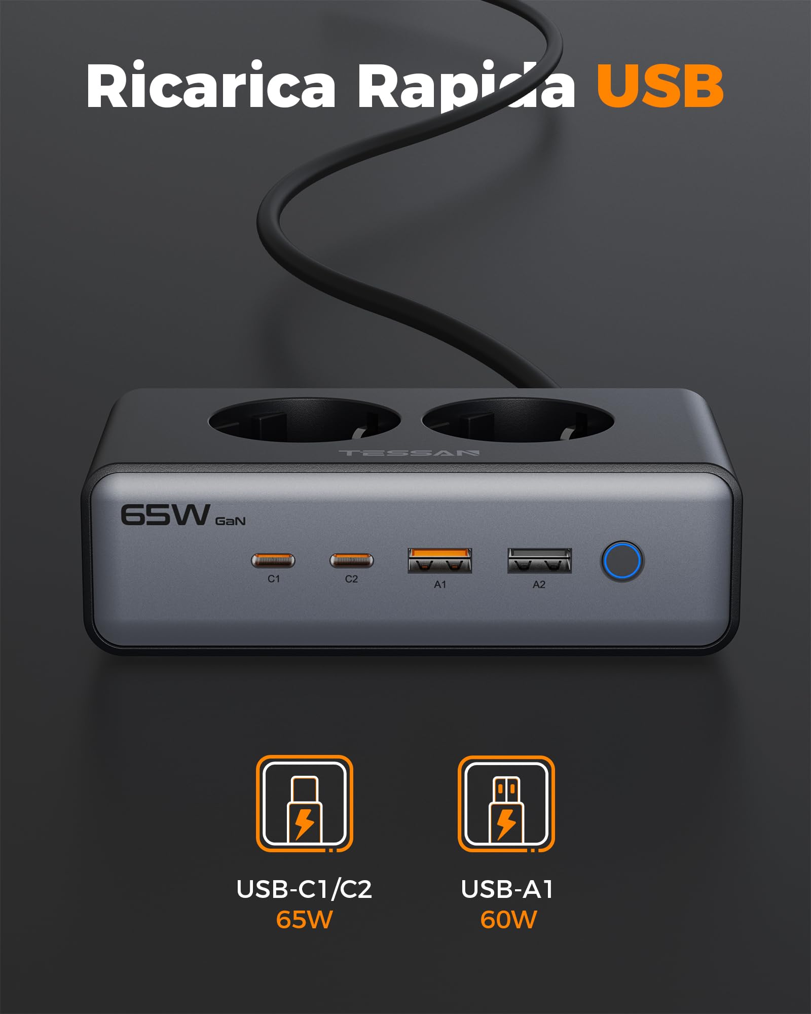 TESSAN Caricatore USB C, 6-in-1 Alimentatore con 2 prese CA, GaN PD 65W Caricabatteria Carica Rapida con interruttore, Presa USB con cavo di prolunga da 1,5 m per telefoni cellulari, tablet e laptop